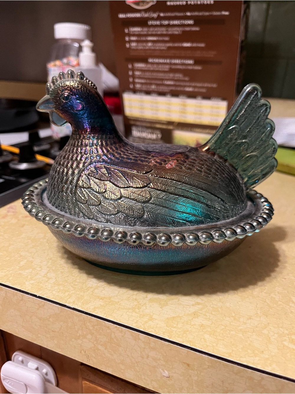 Iridescent Carnival Glass Hen on Nest Dish
